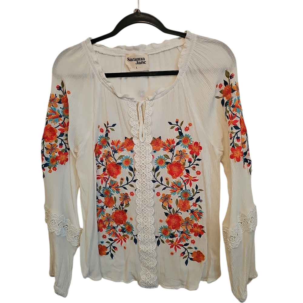 Savanna Jane Ivory Blouse with Colorful Floral Embroidery